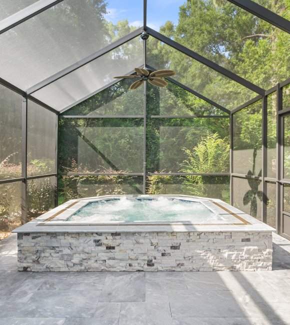 An enclosed hot tub bubbling